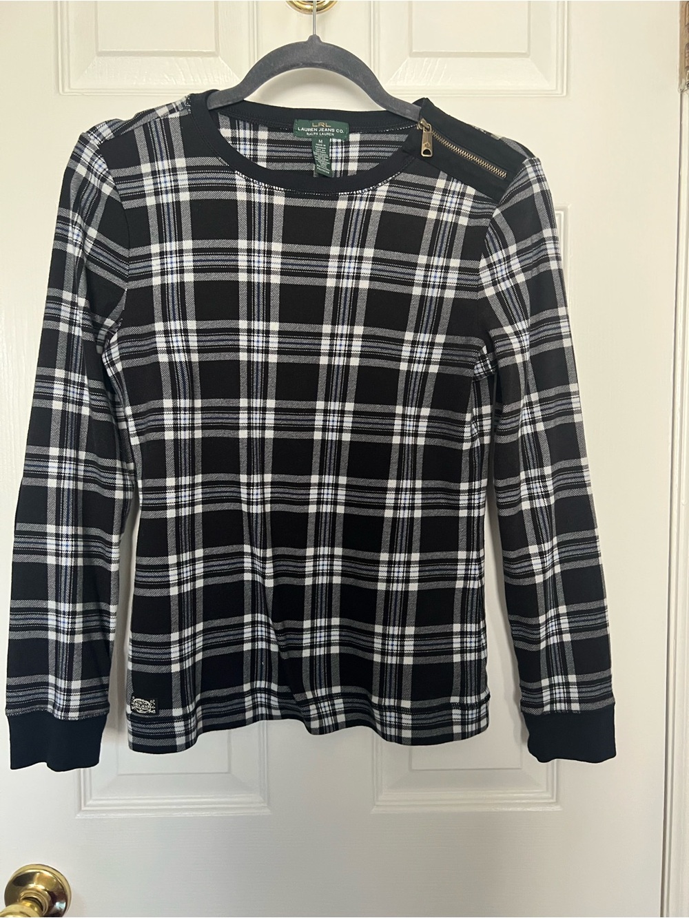 Ralph Lauren Black & White Plaid Crewneck Sweater with Zip-Shoulder